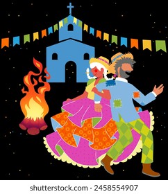 Junina Folk and Country Festivities: Brazilian Rural Traditions - A couple dressed in country attire dancing in front of the bonfire