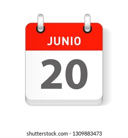 Junio 20, June 20 date visible on a page a day organizer calendar in spanish Language