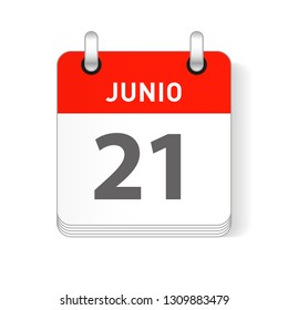 Junio 21, June 21 date visible on a page a day organizer calendar in spanish Language