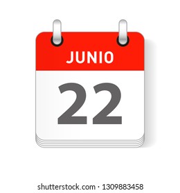 Junio 22, June 22 date visible on a page a day organizer calendar in spanish Language