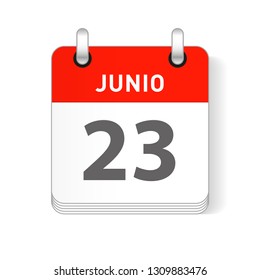 Junio 23, June 23 date visible on a page a day organizer calendar in spanish Language