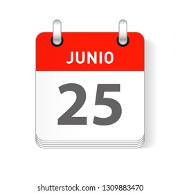 Junio 25, June 25 date visible on a page a day organizer calendar in spanish Language