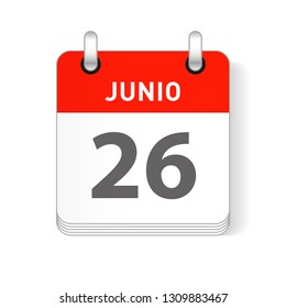 Junio 26, June 26 date visible on a page a day organizer calendar in spanish Language