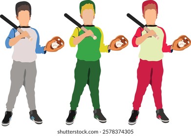 Junior baseball or softball player carries bat and holds ball with leather glove, isolated on transparent background