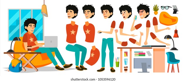 Junior Business Man Character Vector. Working Male. Start Up. Young Coder In Modern Office Workplace. Coding, Software Development. Programmer. Animation Set. Face Emotions. Cartoon Illustration