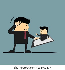 Junior businessman takes order from senior businessman or from customer on mobile device.