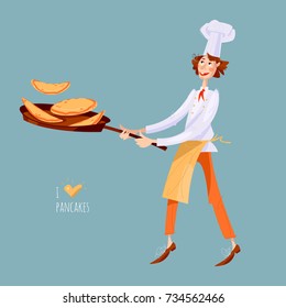 Junior chef. Boy tosses pancakes in large frying pan. Happy Pancake Day! Vector illustration.