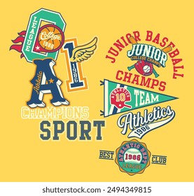 Junior college sporting athletic department elements patchwork vintage vector artwork with font initials and sport badges for children wear kid boy t shirt 