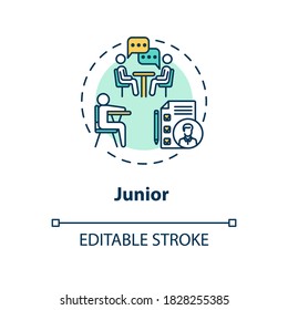 Icono de concepto júnior. Tutoría de estudiantes. Período de clase universitaria. Auxiliar de secundaria. Ilustración de línea delgada de la idea de la vida en la universidad. Dibujo de color RGB con contorno aislado del vector. Trazo editable