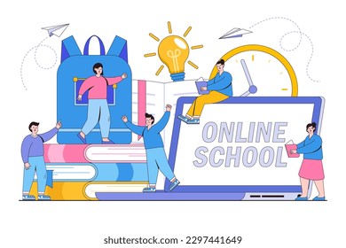 Junior elementary grades, children to learn from books and the internet concept. Outline design style minimal vector illustration for landing page, web banner, infographics, hero images.