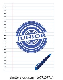 Junior emblem with pen effect. Blue ink. Vector Illustration. Detailed.