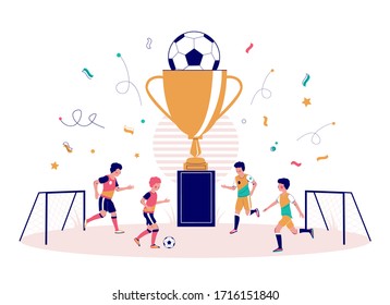 Junior football championship, vector flat illustration. Huge winner team gold trophy cup and children playing soccer. Football tournament for kids.