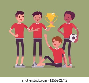 Junior football or soccer players team winner. Group of boys in uniform after game, professional footballer club with prize, happy guys enjoy sport achievement. Vector flat style cartoon illustration