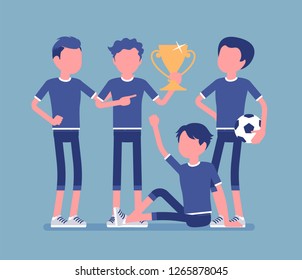 Junior football, soccer players team winner. Group of boys in uniform after game, professional footballer club with prize, happy guys enjoy sport achievement. Vector illustration, faceless characters