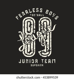 Junior football team emblem in retro style. Graphic design for t-shirt. White print on black background