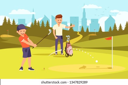 Junior Golfer Practicing on Driving Range, Father Watch Training. Dad and Son Passing Time Together Playing Golf at Summer Day. Family Leisure. Green Course Background Cartoon Flat Vector Illustration