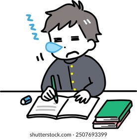 Junior high school boy falls asleep while studying