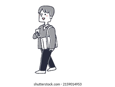 Un niño de secundaria camina con un libro, un vector cómico de la persona escrita a mano, un dibujo de línea cálida