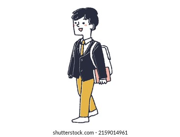 A junior high school boy walking with a book, a comical handwritten person vector, a warm line drawing