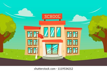 Junior high School building landscape. Background with sky and trees and road. Kindergarten for kids schoolchildren. Vector cartoon illustration