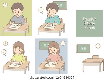 Alunos do ensino médio e do ensino fundamental que fazem testes de inglês e estudam crianças japonesas