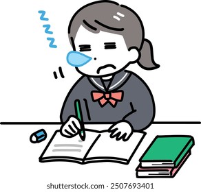 Junior high school girl falls asleep while studying