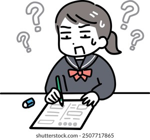 Junior high school girl having trouble solving test questions