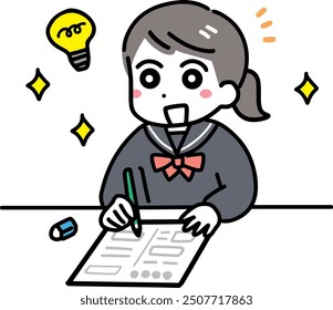 Junior high school girl taking a test with a smile