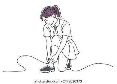 Junior high school girls are concerned about their swollen feet, doodle continuous line art vector illustration