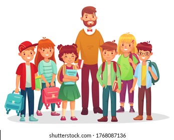 Junior high school kids and teacher. Man and happy teenagers with backpacks and books standing together. Children learning at school, pupil cartoon characters with rucksack vector illustration