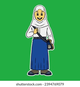 junior high school muslim girl carrying sling bag cartoon illustration