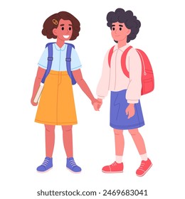 Junior high school students. Girls with backpacks and books going to school flat vector illustration. Cartoon school friends couple