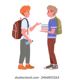 Junior high school students. Male school students with backpacks and books talking to each other flat vector illustration. Middle school pupils