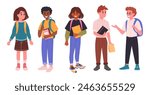 Junior high school students. Middle school students with backpacks and books, happy friends going to school flat vector illustration set. Male and female school pupils
