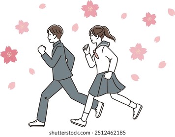 Junior high school students running amongst the cherry blossoms in full bloom