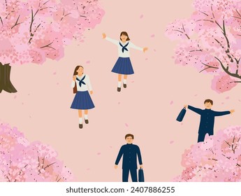 Junior high school students under Cherry tree. Cherry blossom.