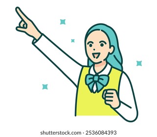 Junior high school students in school uniforms point their fingers. Vector illustration of a sparkling future.