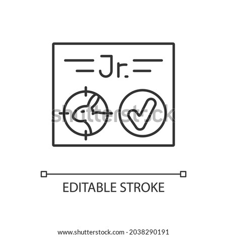 Junior hunting license linear icon. Hunt birds and animals. Hunter confirmation for children. Thin line customizable illustration. Contour symbol. Vector isolated outline drawing. Editable stroke