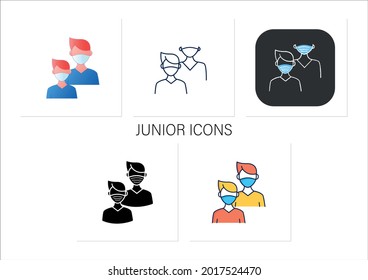 Juego de iconos junior. Estudiante más joven. Freshman, estudiante de primer año. Protección frente a otras personas.Desarrollo profesional.Colección de iconos en estilos de color lineales, rellenos.Iconos vectoriales aislados 