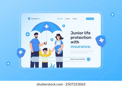 Junior life insurance protection illustration on web header landing page template, Child future insurance, Vector illustration