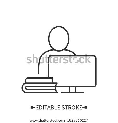 Junior manager icon. University student working on computer, books and notes. Recent graduate going through supervised training. Brand marketing intern. Isolated editable vector illustration