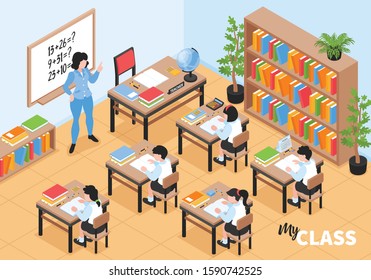 Junior Primary School Class Isometric Composition With Teacher At White Board Explaining Basic Math To Children Vector Illustration 