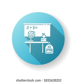 Junior school yellow flat design long shadow glyph icon. Primary education establishment, studying basic sciences. Classroom equipment. Blackboard, desk and globe silhouette RGB color illustration