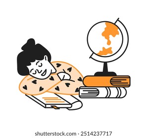 Junior schoolgirl sleeps leaning on desk doodle line and color illustration. Girl at table with books and globe linear sketch vector person