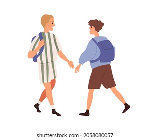 Junior schoolkids with schoolbags meeting and greeting. Boys going to and from school. Happy children passing by each other and smiling. Flat vector illustration of schoolboys isolated on white