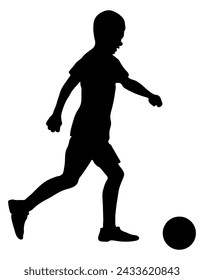 Junior soccer player, silhouette of boy with ball. Vector illustration