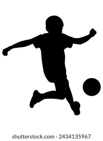 Junior soccer player, silhouette of boy with ball. Vector illustration