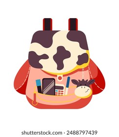 Junior student backpack with stationery set on white background. Depiction of school items designed in colorful vector format for educational purposes