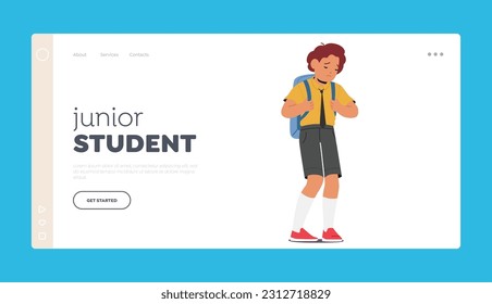 Junior Student Landing Page Template. Unhappy School Boy Character, Displaying Signs Of Sadness, Possibly Due To Academic Or Social Challenges Faced In School Environment. Cartoon Vector Illustration