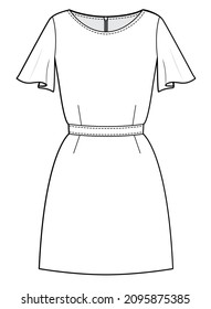 Juniors skater dress short sleeve boat neck skater dress technical drawing vector template